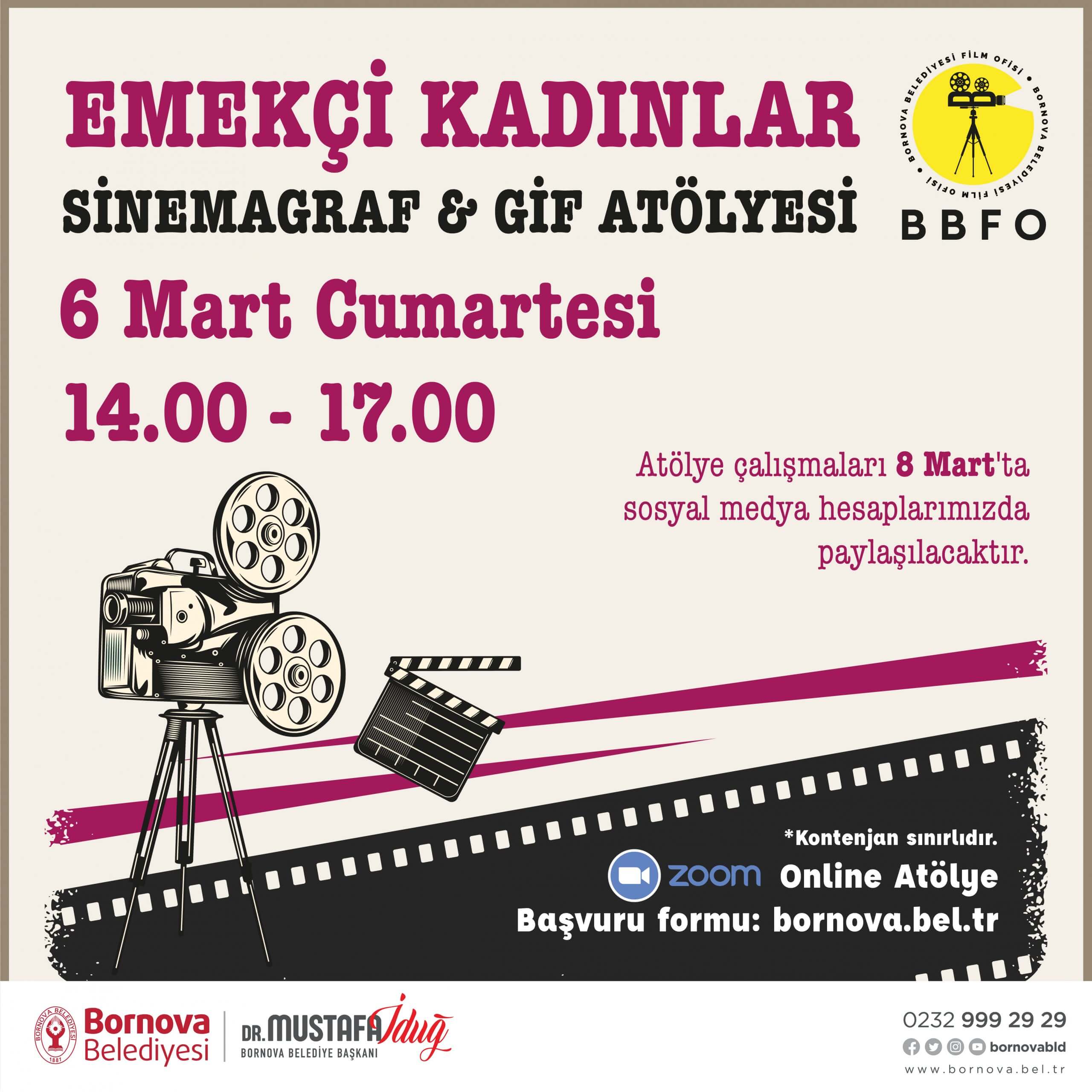 Bornova Belediyesi tarafından düzenlenecek olan Sinemagraf ve GİF Atölyesi ile katılımcılar gündelik dertlerini ve rutinlerini anlatmak için sinema ve fotoğraf dilini kullanma yöntemlerini öğrenecekler.
