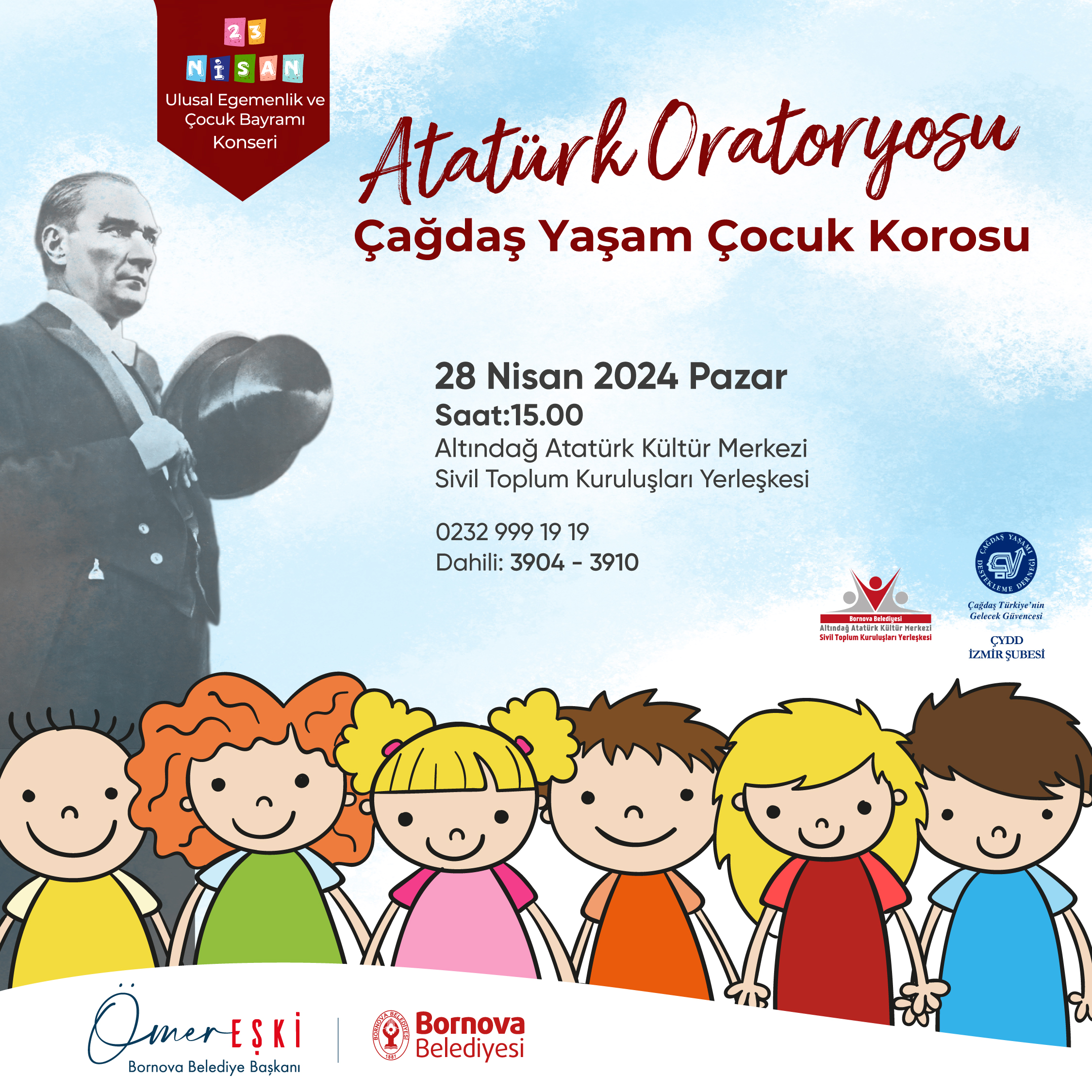 Atatürk’ün hayatı şarkılar ve şiirlerle yankılanacak  Bornova Belediyesi, 23 Nisan Ulusal Egemenlik ve Çocuk Bayramı’nın coşkusunu, Atatürk Oratoryosu ile yaşatmaya hazırlanıyor.  Çağdaş Yaşamı Destekleme Derneği (ÇYDD) İzmir Şubesi’nin kurduğu Çağdaş Yaşam Çocuk Korosu ve Bornova Belediyesi  işbirliğiyle gerçekleştirilecek Atatürk Oratoryosu, 28 Nisan Pazartesi günü saat 15.00’te  Altındağ Atatürk Kültür Merkezi Sivil Toplum Kuruluşları Yerleşkesi’nde sahnelenecek. Çağdaş […]
